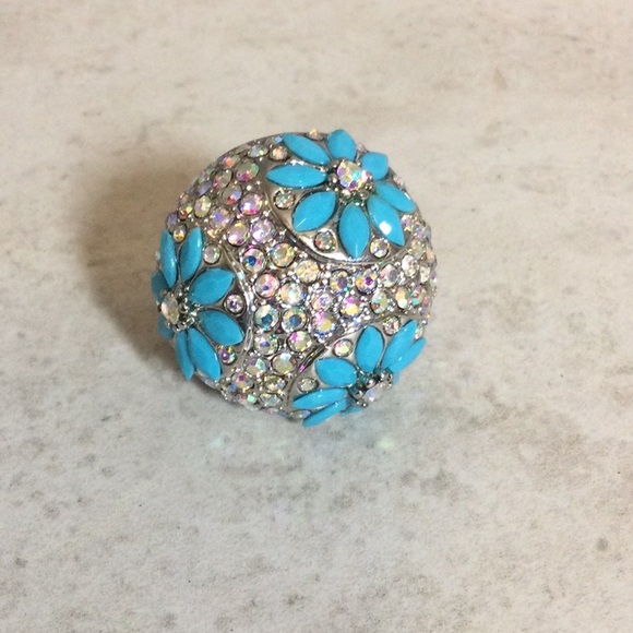 Turquoise flowers in rhinestones expandable silver ring - Picture 2 of 7